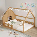 Okak Full Size Bed Frame with Storage Headboard, Solid Wood Full Wood House Platform Bed with Window and Fence for Bedroom, Natural