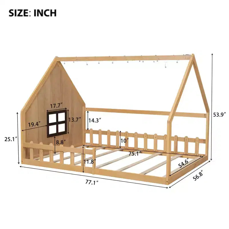 Struttura letto matrimoniale Okak con testiera contenitore, letto a piattaforma matrimoniale in legno massello con finestra e recinzione per camera da letto, naturale