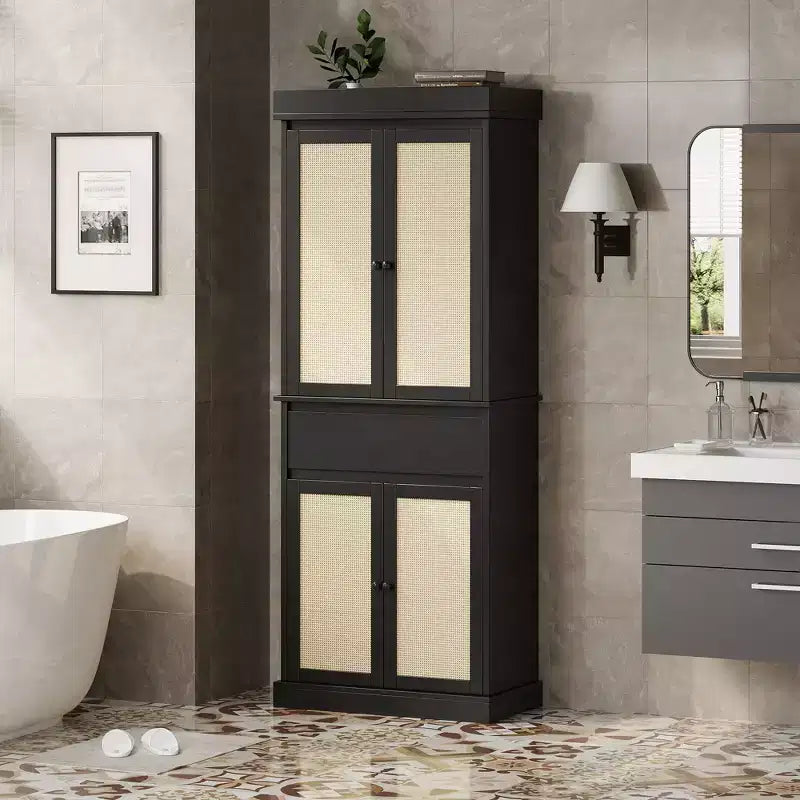Mobile Credenza da Cucina in Rattan, Armadietto, Mobile Credenza da Appoggio Indipendente 69 con Cassetto con Ante e Ripiani Regolabili per Bagno