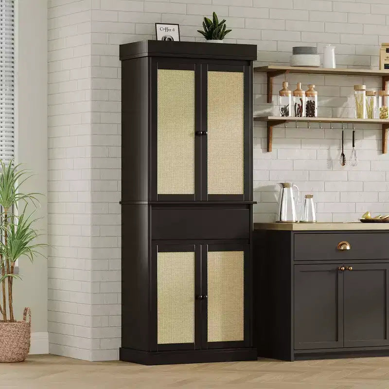 Mobile Credenza da Cucina in Rattan, Armadietto, Mobile Credenza da Appoggio Indipendente 69 con Cassetto con Ante e Ripiani Regolabili per Bagno