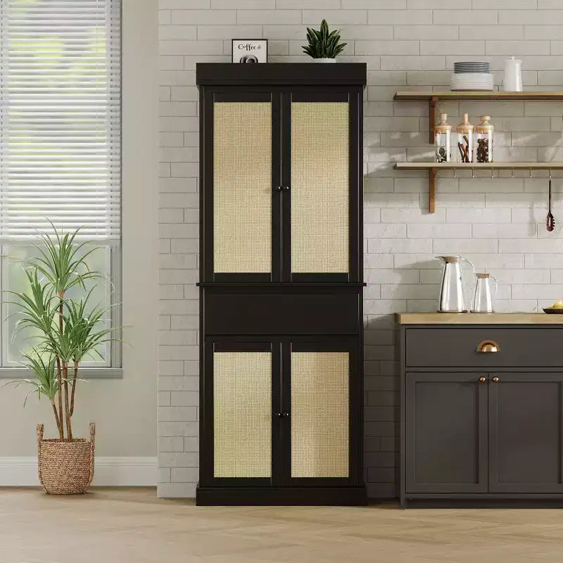 Mobile Credenza da Cucina in Rattan, Armadietto, Mobile Credenza da Appoggio Indipendente 69 con Cassetto con Ante e Ripiani Regolabili per Bagno