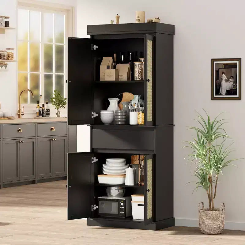 Mobile Credenza da Cucina in Rattan, Armadietto, Mobile Credenza da Appoggio Indipendente 69 con Cassetto con Ante e Ripiani Regolabili per Bagno