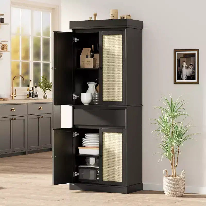 Mobile Credenza da Cucina in Rattan, Armadietto, Mobile Credenza da Appoggio Indipendente 69 con Cassetto con Ante e Ripiani Regolabili per Bagno