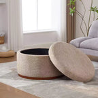 Christopher Knight Home Antonov Pouf Contenitore Rotondo Rivestito in Tessuto con Base in Legno di Gomma