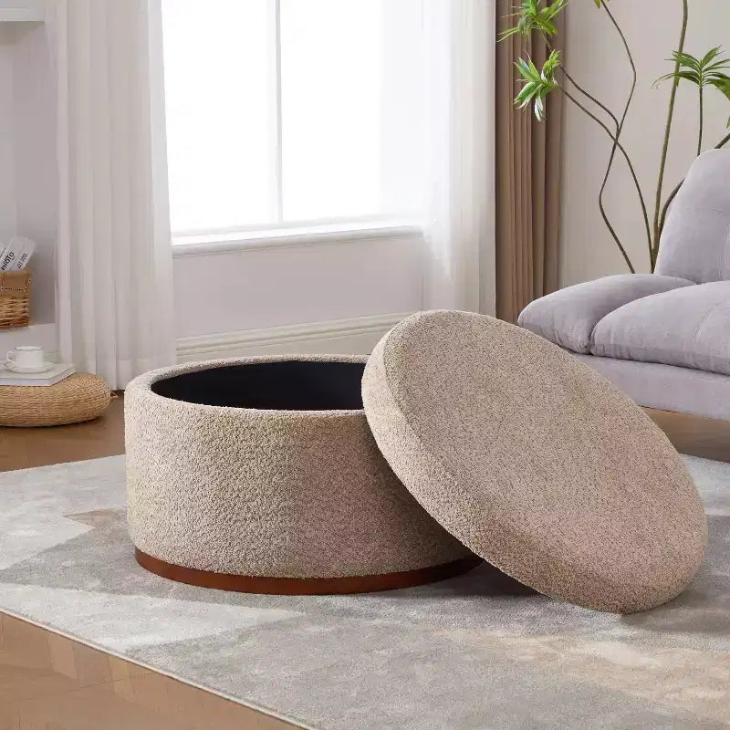 Christopher Knight Home Antonov Pouf Contenitore Rotondo Rivestito in Tessuto con Base in Legno di Gomma