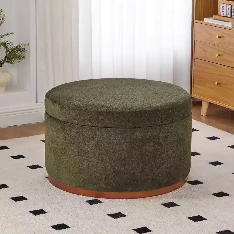 Christopher Knight Home Antonov Pouf Contenitore Rotondo Rivestito in Tessuto con Base in Legno di Gomma