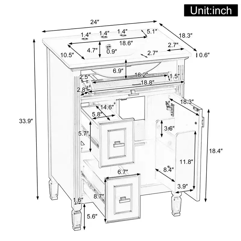 GDFStudio Crystal 24 Mobile Bagno in Legno Massello con Lavabo e Mensola Regolabile