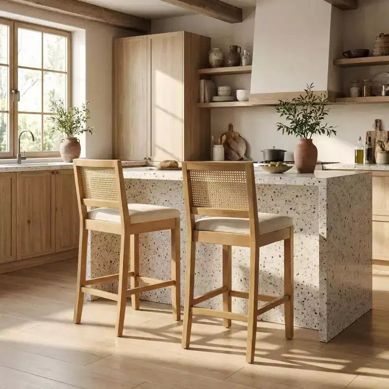 Homy Casa Set di 2 Sgabelli da Bar in Legno Massello con Schienale in Rattan e Seduta Imbottita