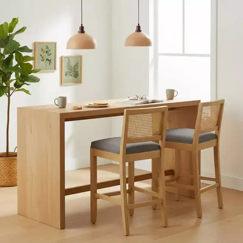 Homy Casa Set di 2 Sgabelli da Bar in Legno Massello con Schienale in Rattan e Seduta Imbottita
