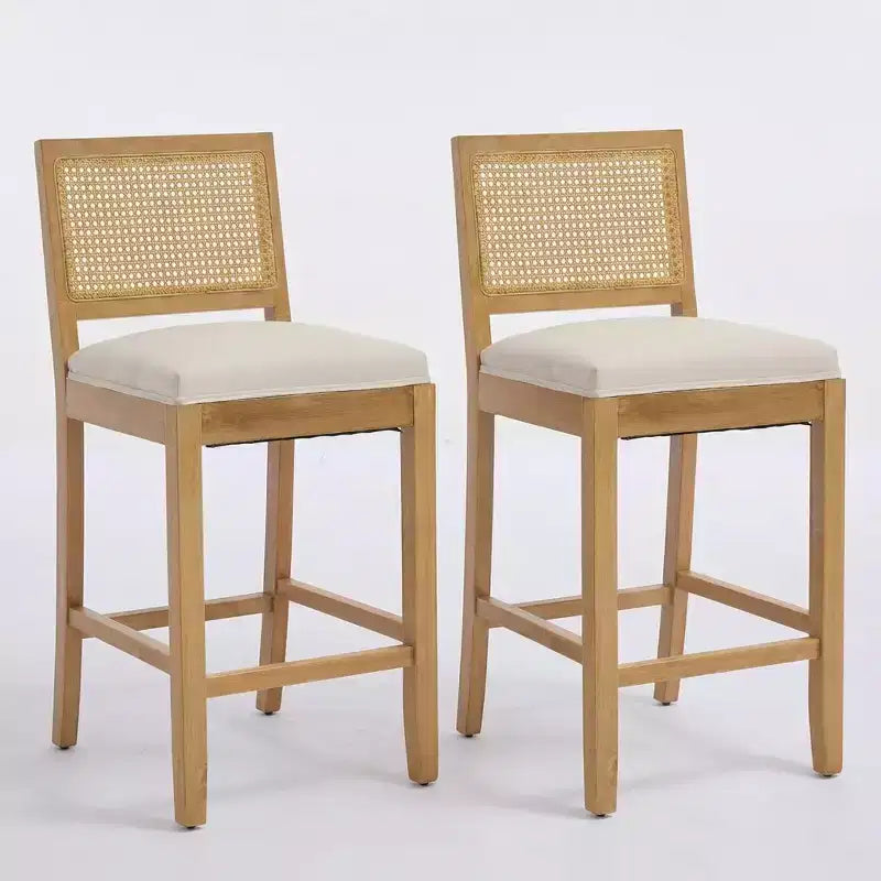 Homy Casa Set di 2 Sgabelli da Bar in Legno Massello con Schienale in Rattan e Seduta Imbottita