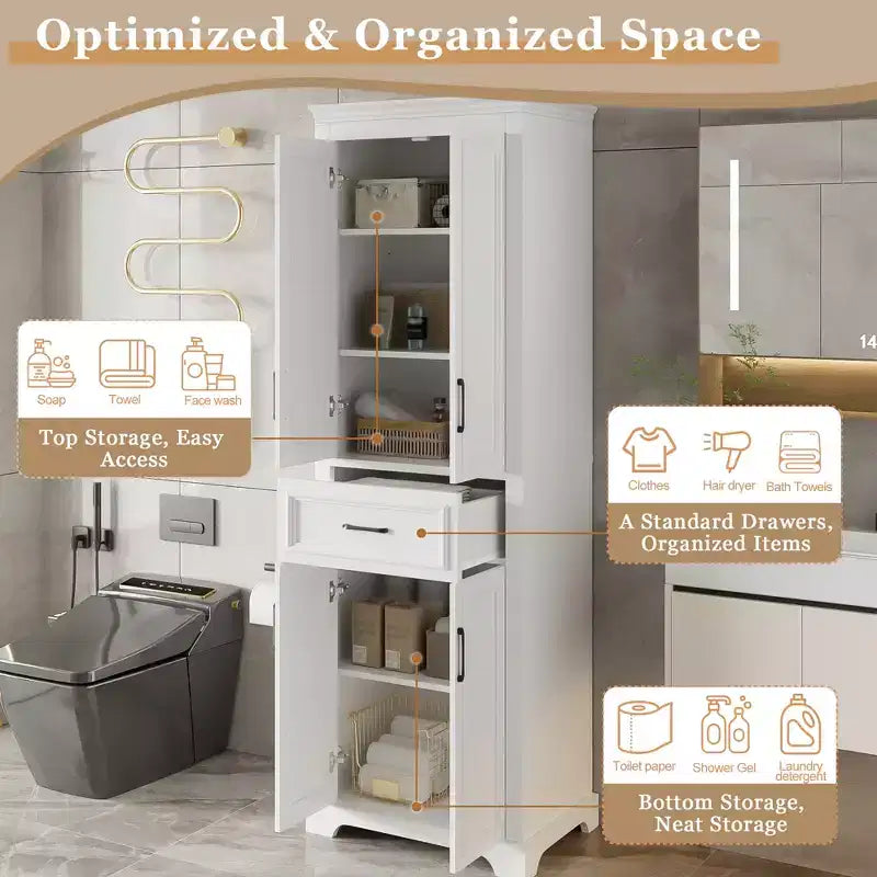 Armadietto Alto da Bagno 70.8 Pollici, Mobiletto da Terra Autoportante con Cassetto e Ripiani Regolabili, Armadio Dispensa per Cucina