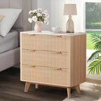 Comodini Moderni Scanalati Larghezza 32 con Top in Finto Marmo, Comodino a 3 Cassetti, Comodino Grande per Camera da Letto, Soggiorno, Corridoio, Design Profilato, Rovere