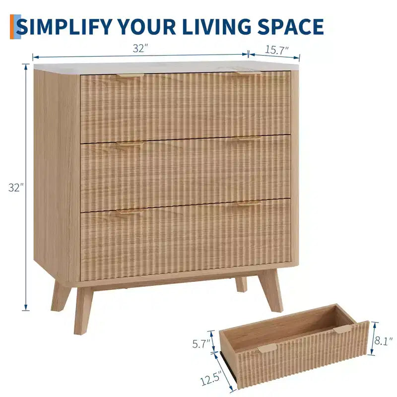 Comodini Moderni Scanalati Larghezza 32 con Top in Finto Marmo, Comodino a 3 Cassetti, Comodino Grande per Camera da Letto, Soggiorno, Corridoio, Design Profilato, Rovere