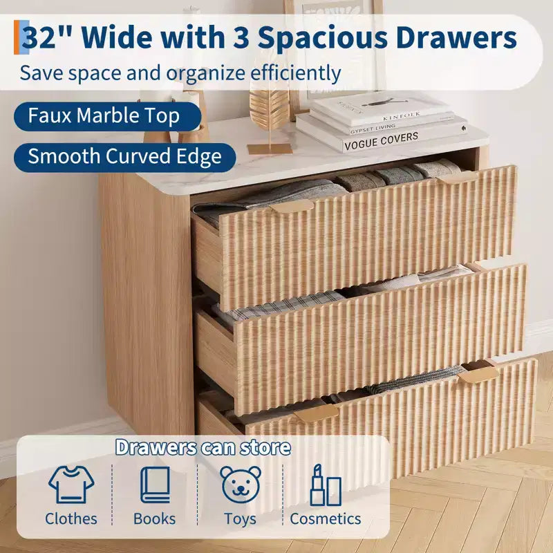 Comodini Moderni Scanalati Larghezza 32 con Top in Finto Marmo, Comodino a 3 Cassetti, Comodino Grande per Camera da Letto, Soggiorno, Corridoio, Design Profilato, Rovere
