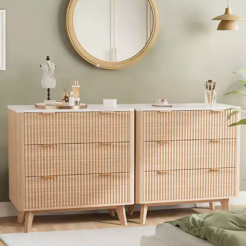 Comodini Moderni Scanalati Larghezza 32 con Top in Finto Marmo, Comodino a 3 Cassetti, Comodino Grande per Camera da Letto, Soggiorno, Corridoio, Design Profilato, Rovere