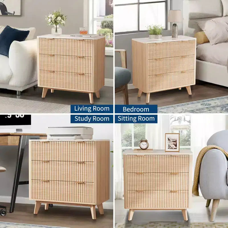 Comodini Moderni Scanalati Larghezza 32 con Top in Finto Marmo, Comodino a 3 Cassetti, Comodino Grande per Camera da Letto, Soggiorno, Corridoio, Design Profilato, Rovere