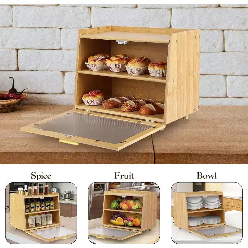 Portapane in bambù a 2 strati con sportello in acrilico, contenitore per la conservazione del pane per il bancone della cucina, per organizzare baguette, dolci e prodotti da forno