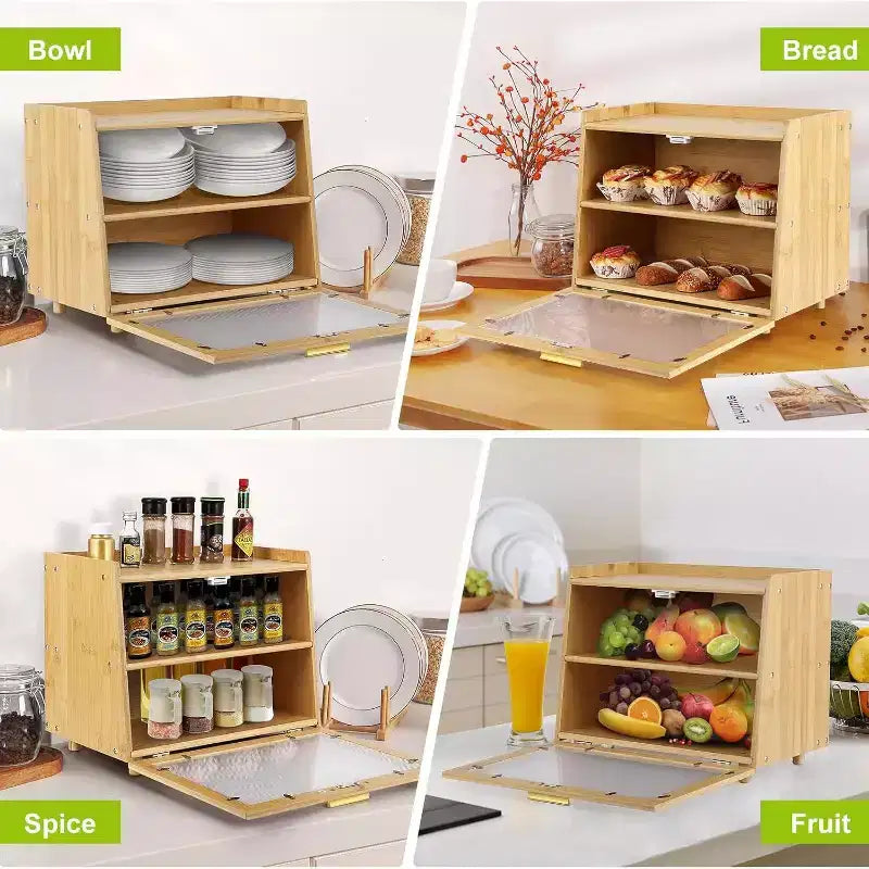 Portapane in bambù a 2 strati con sportello in acrilico, contenitore per la conservazione del pane per il bancone della cucina, per organizzare baguette, dolci e prodotti da forno
