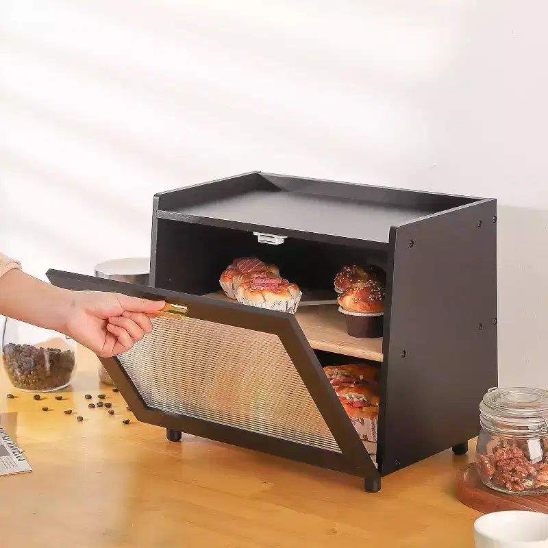 Portapane in bambù a 2 strati con sportello in acrilico, contenitore per la conservazione del pane per il bancone della cucina, per organizzare baguette, dolci e prodotti da forno