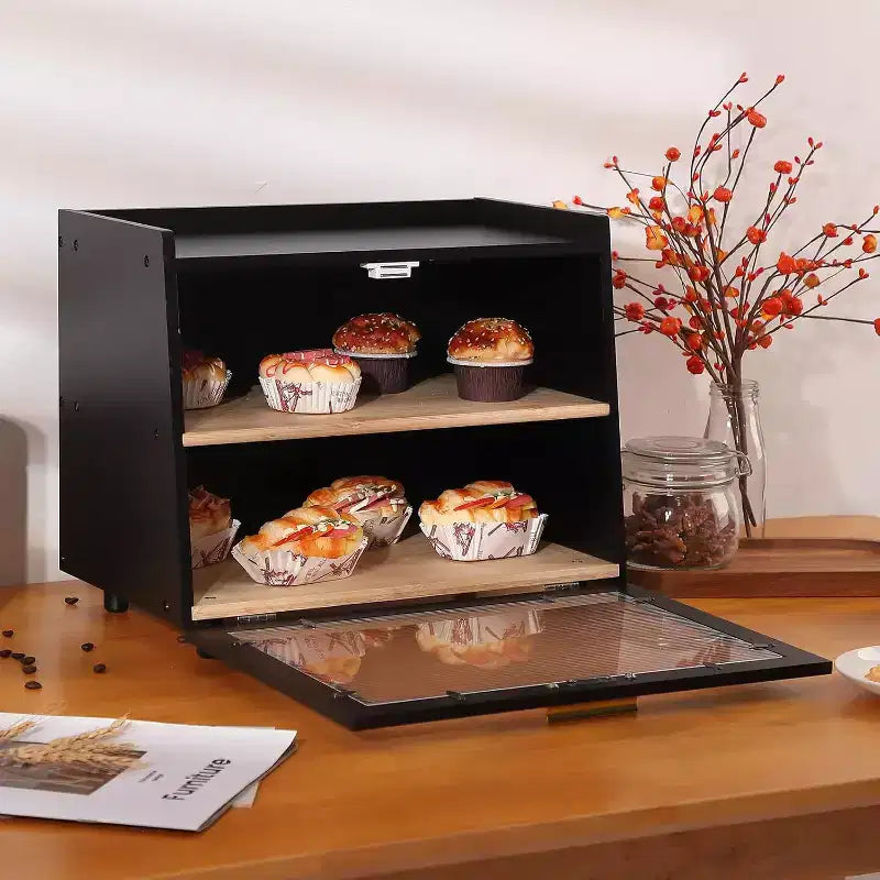 Portapane in bambù a 2 strati con sportello in acrilico, contenitore per la conservazione del pane per il bancone della cucina, per organizzare baguette, dolci e prodotti da forno