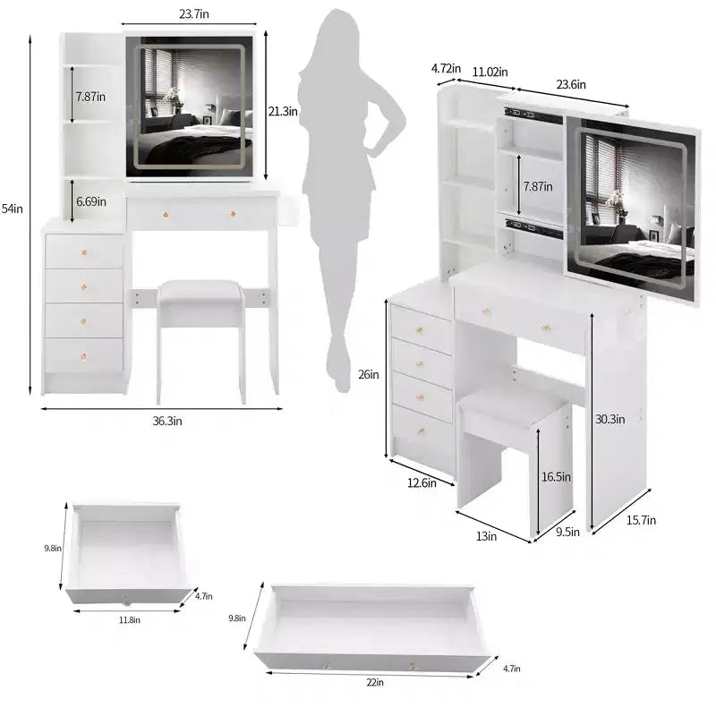 Toeletta Trucco Contemporanea con Sgabello Imbottito, Specchio Scorrevole a LED, Illuminazione a 3 Colori Sensibile al Tocco, Doppie Prese AC e Porte di Ricarica USB