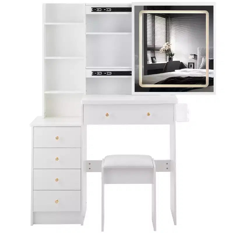 Toeletta Trucco Contemporanea con Sgabello Imbottito, Specchio Scorrevole a LED, Illuminazione a 3 Colori Sensibile al Tocco, Doppie Prese AC e Porte di Ricarica USB