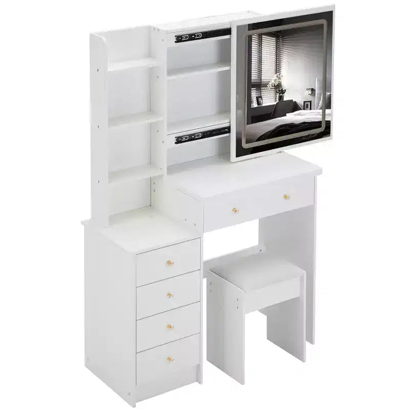 Toeletta Trucco Contemporanea con Sgabello Imbottito, Specchio Scorrevole a LED, Illuminazione a 3 Colori Sensibile al Tocco, Doppie Prese AC e Porte di Ricarica USB