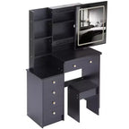 Toeletta Trucco Contemporanea con Sgabello Imbottito, Specchio Scorrevole a LED, Illuminazione a 3 Colori Sensibile al Tocco, Doppie Prese AC e Porte di Ricarica USB