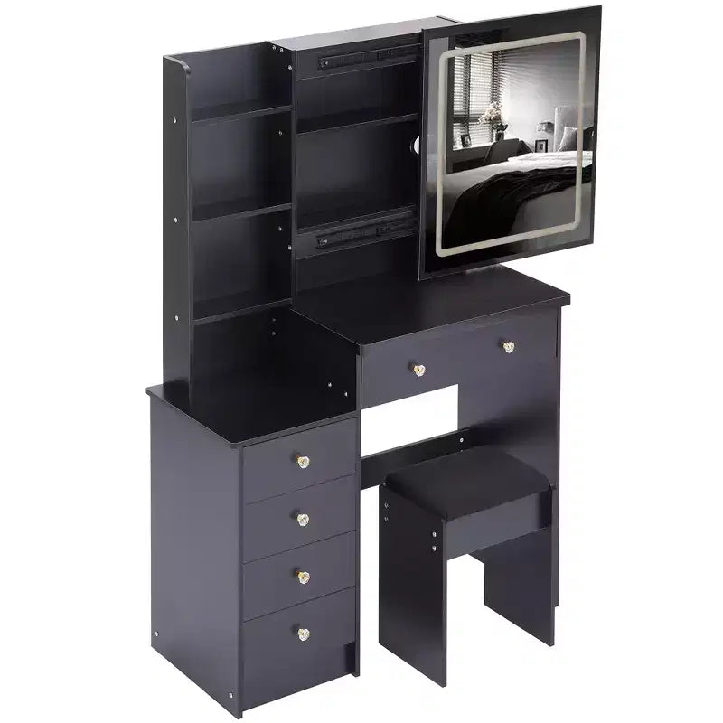Toeletta Trucco Contemporanea con Sgabello Imbottito, Specchio Scorrevole a LED, Illuminazione a 3 Colori Sensibile al Tocco, Doppie Prese AC e Porte di Ricarica USB