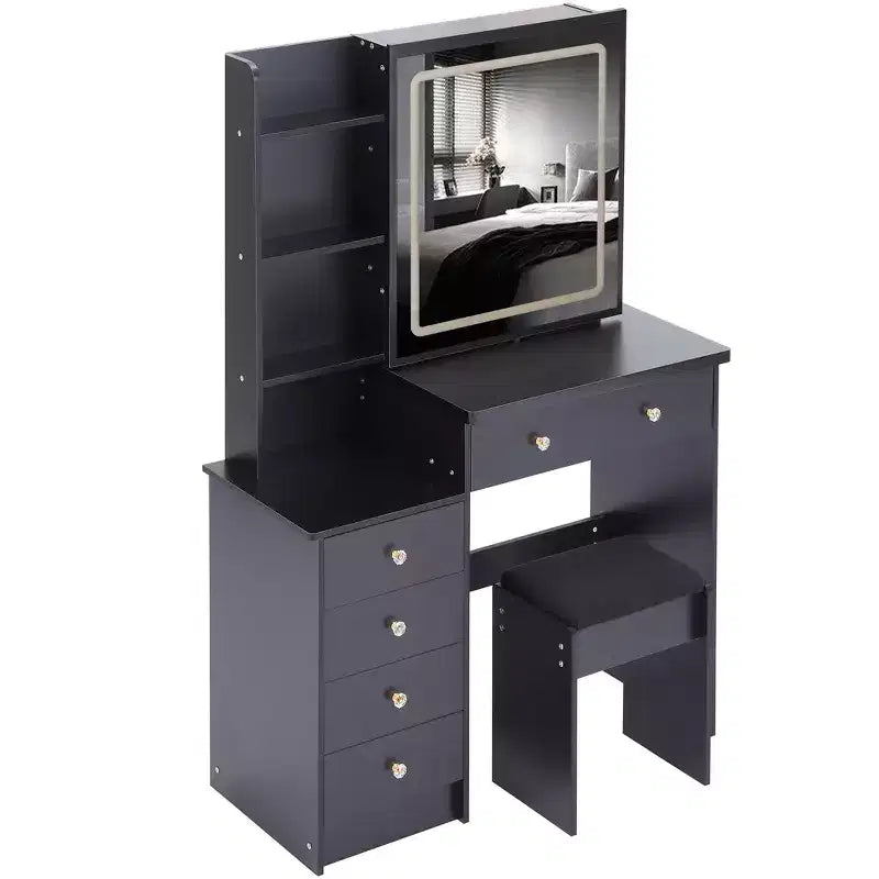 Toeletta Trucco Contemporanea con Sgabello Imbottito, Specchio Scorrevole a LED, Illuminazione a 3 Colori Sensibile al Tocco, Doppie Prese AC e Porte di Ricarica USB