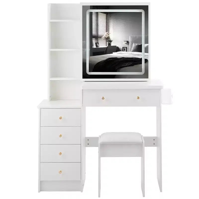 Toeletta Trucco Contemporanea con Sgabello Imbottito, Specchio Scorrevole a LED, Illuminazione a 3 Colori Sensibile al Tocco, Doppie Prese AC e Porte di Ricarica USB