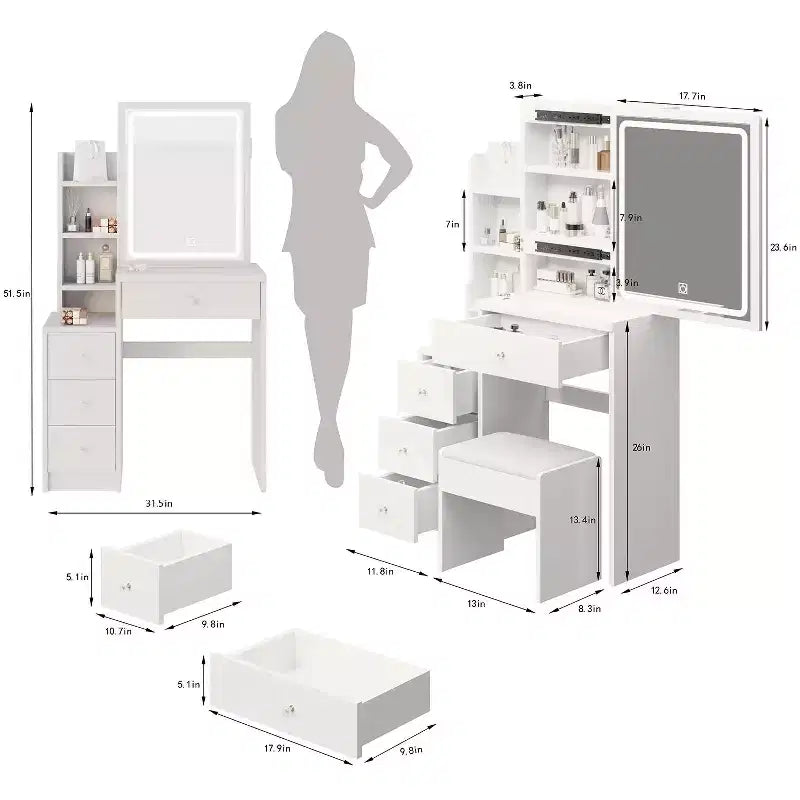 Set Toeletta con Sgabello, Montaggio Semplice, Video di Montaggio, Guida, Kit da oltre 30 Pezzi per Zona Trucco in Camera da Letto e Outfit Quotidiani