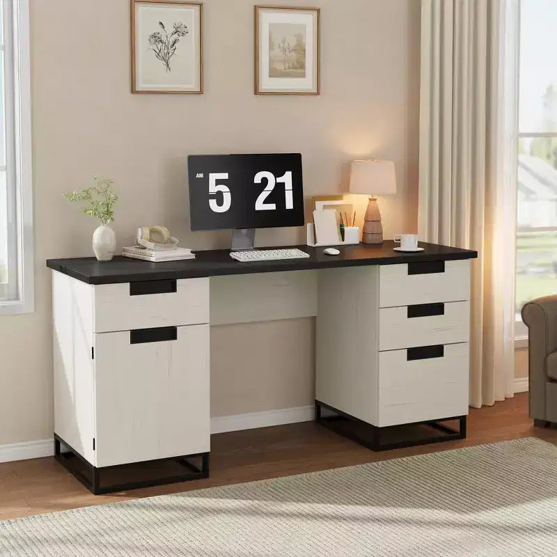 Scrivania Direzionale da Fattoria, Scrivania per Computer da 59 Pollici, Scrivanie Bianche per Ufficio Domestico con Cassetto Portadocumenti e Armadietto, Scrivanie in Legno per Camera da Letto, Casa