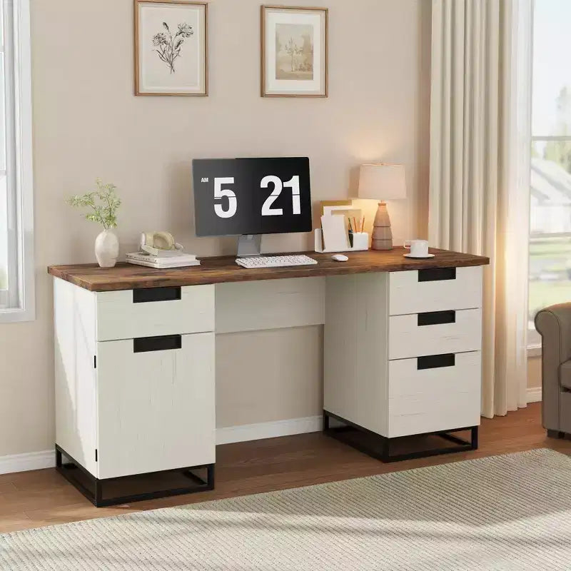 Scrivania Direzionale da Fattoria, Scrivania per Computer da 59 Pollici, Scrivanie Bianche per Ufficio Domestico con Cassetto Portadocumenti e Armadietto, Scrivanie in Legno per Camera da Letto, Casa