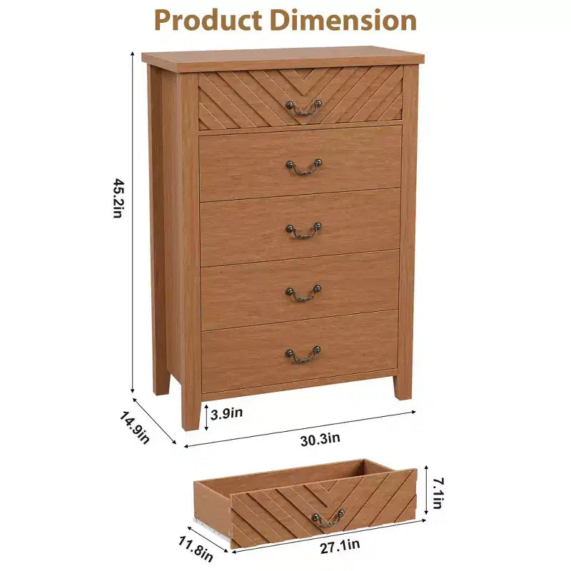 Comò da fattoria a 5 cassetti per camera da letto, comodino a 5 cassetti con elegante design a V, per camera da letto