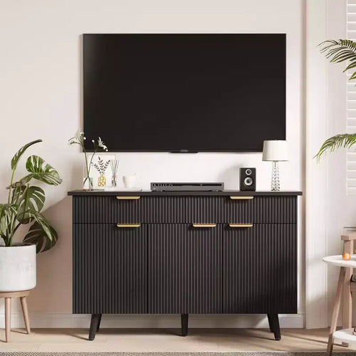 Credenza a buffet moderna con scanalature da 119 cm con contenitore, 3 ante e 2 cassetti, ripiani regolabili, credenza multifunzione, credenza a buffet