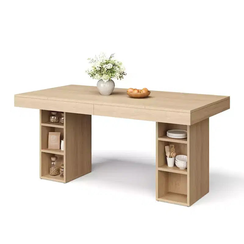 Tavolo da pranzo rettangolare da 160 cm con contenitore, grande tavolo da pranzo per 6 persone con ampio piano e struttura robusta, tavolo da cucina in legno con doppio piedistallo