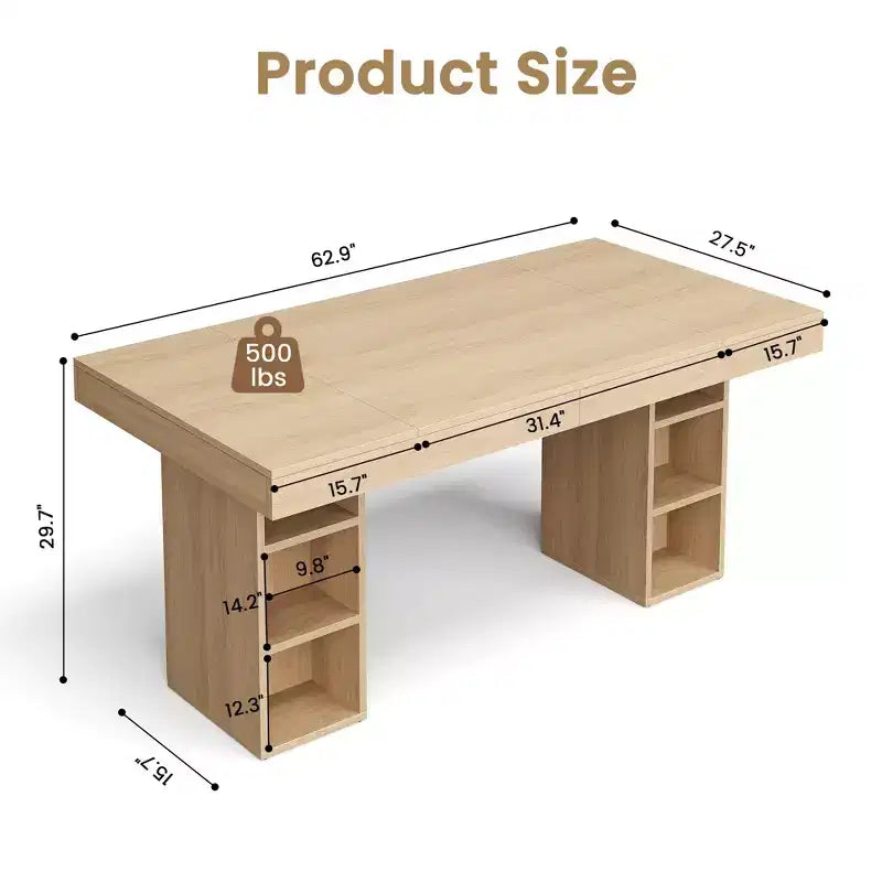 Tavolo da pranzo rettangolare da 160 cm con contenitore, grande tavolo da pranzo per 6 persone con ampio piano e struttura robusta, tavolo da cucina in legno con doppio piedistallo