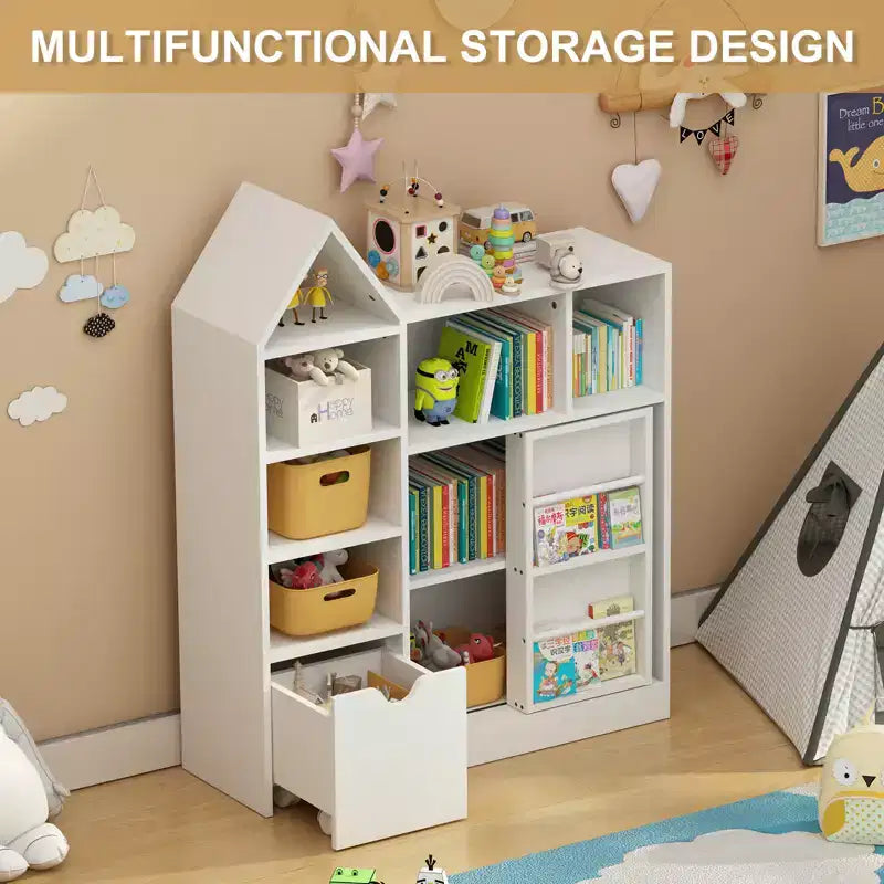 Libreria per bambini con cassetto mobile, libreria con 7 scomparti, armadietto organizer per bambini per sala giochi, cameretta, aula