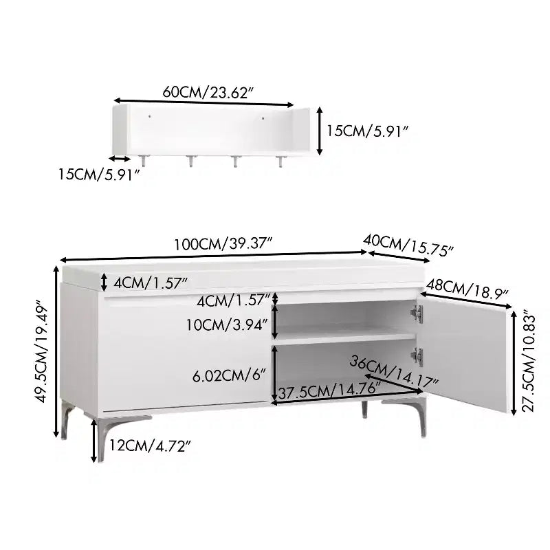 Set panca portaoggetti e mensola da ingresso a parete con ganci, panca scarpiera da ingresso con cuscino, mobiletto portaoggetti con cuscino, bianco - ModernLuxe