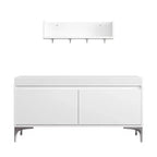Set panca portaoggetti e mensola da ingresso a parete con ganci, panca scarpiera da ingresso con cuscino, mobiletto portaoggetti con cuscino, bianco - ModernLuxe