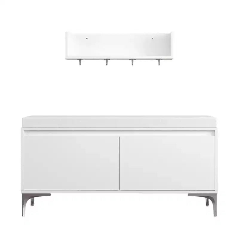 Set panca portaoggetti e mensola da ingresso a parete con ganci, panca scarpiera da ingresso con cuscino, mobiletto portaoggetti con cuscino, bianco - ModernLuxe