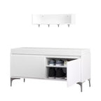 Set panca portaoggetti e mensola da ingresso a parete con ganci, panca scarpiera da ingresso con cuscino, mobiletto portaoggetti con cuscino, bianco - ModernLuxe