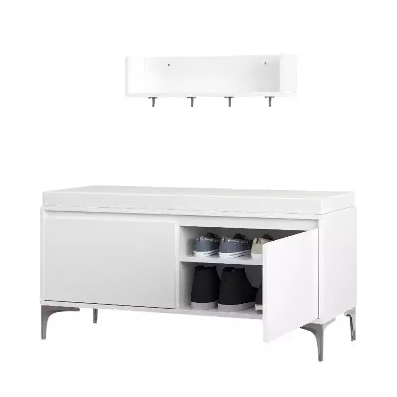 Set panca portaoggetti e mensola da ingresso a parete con ganci, panca scarpiera da ingresso con cuscino, mobiletto portaoggetti con cuscino, bianco - ModernLuxe