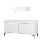 Set panca portaoggetti e mensola da ingresso a parete con ganci, panca scarpiera da ingresso con cuscino, mobiletto portaoggetti con cuscino, bianco - ModernLuxe