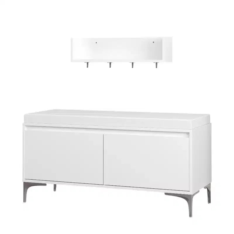 Set panca portaoggetti e mensola da ingresso a parete con ganci, panca scarpiera da ingresso con cuscino, mobiletto portaoggetti con cuscino, bianco - ModernLuxe