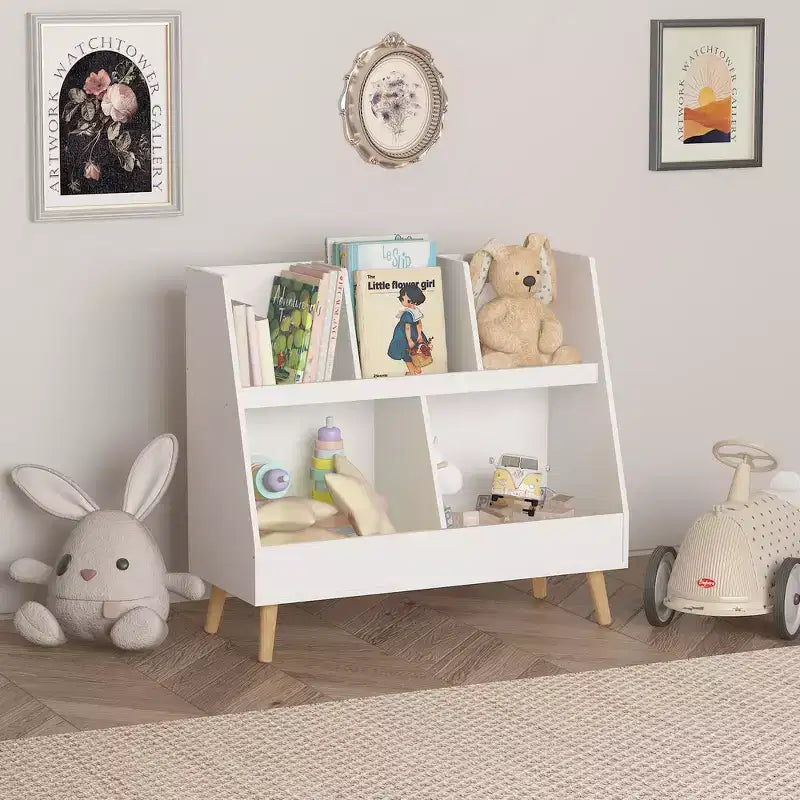 Whisen Kids Bookshelf and Toy Organizer, Open Bookcase, 2-Tier Baby Storage Display Organizer with Legs - White