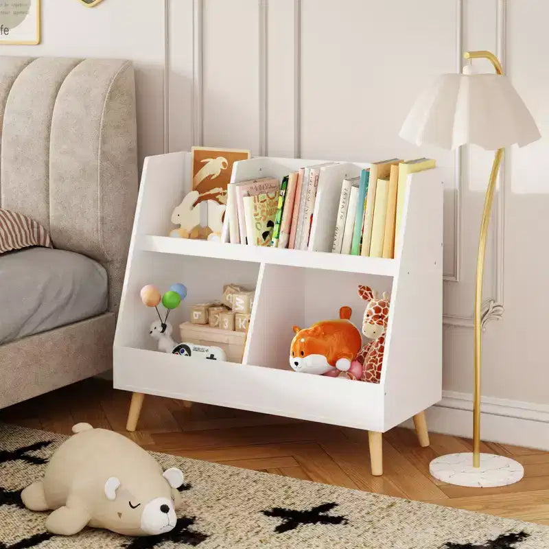 Scaffale per libri e organizer per giocattoli Whisen Kids, libreria aperta, organizer espositivo per bambini a 2 ripiani con gambe - Bianco