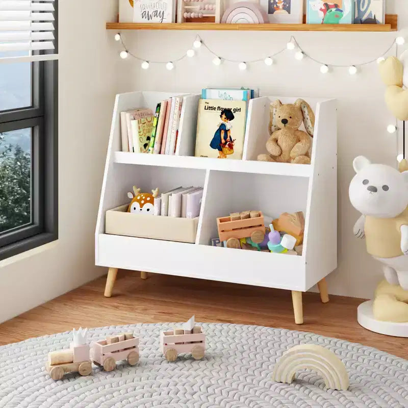 Scaffale per libri e organizer per giocattoli Whisen Kids, libreria aperta, organizer espositivo per bambini a 2 ripiani con gambe - Bianco
