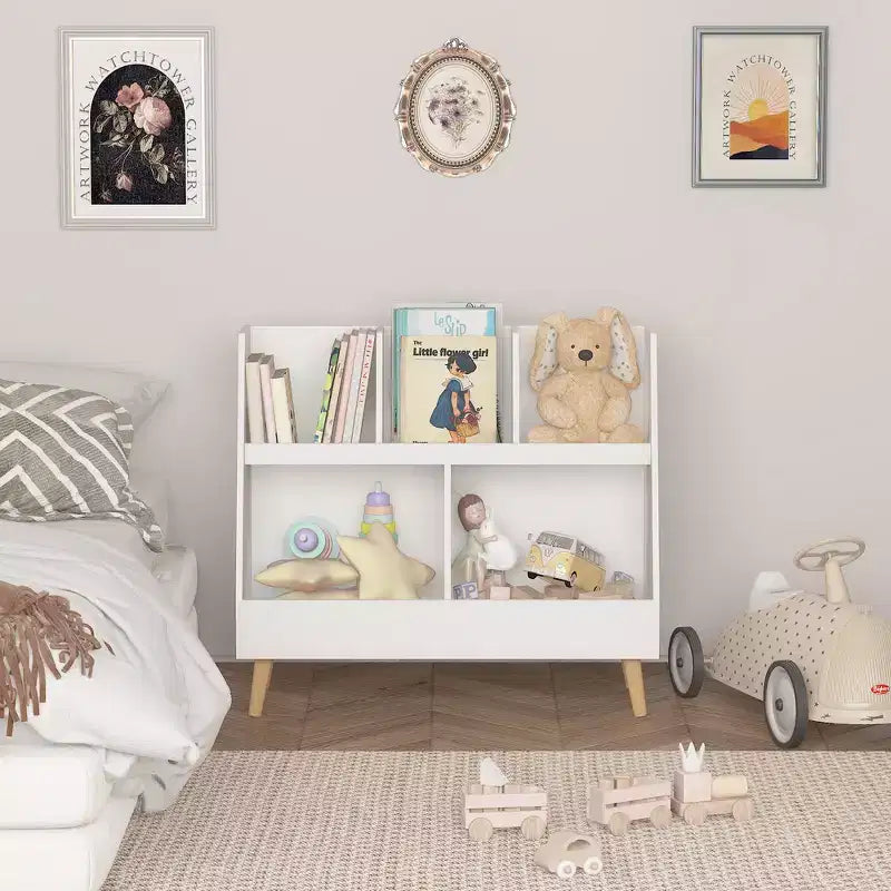 Scaffale per libri e organizer per giocattoli Whisen Kids, libreria aperta, organizer espositivo per bambini a 2 ripiani con gambe - Bianco